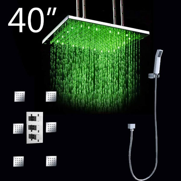 Cascada Luxury Bathroom Shower Set with Luxury Water Power LED Shower Head (Ceiling Mount) Rainfall Thermostatic 6 Massage Jets Spray Body Shower Set showerhead system rain head shower handheld set complete led bathroom waterfall heads light rainfall Thermostatic 6 Massage Jets Spray Body Shower Set for lights bathroom set Antique Brushed Brass Finish color change wall complete shower set bathroom40" Luxury Ceiling Mount LED Rainfall Thermostatic Shower Set - Cascada Showers