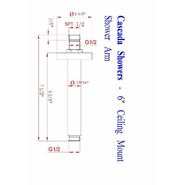 6" Ceiling Mount Shower Arm - Cascada Showers