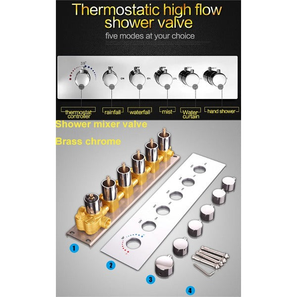 6-Knob Thermostatic Valve + Hand Held + Elbow + Holder & Hose
