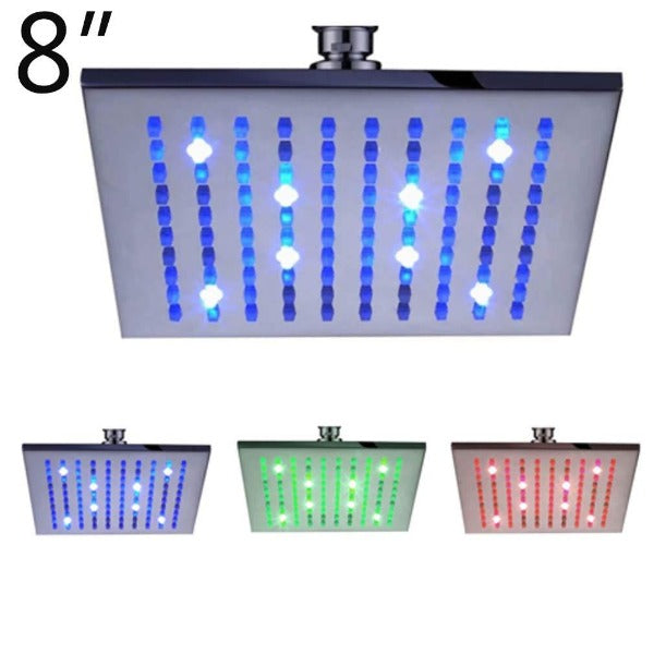 8" Square Ceiling Mount Rainfall LED Shower Head, include Shower Arm - Cascada Showers showerhead system rain head shower handheld set complete led bathroom waterfall heads light rainfall