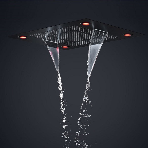waterfall shower head, waterfall shower heads, shower head waterfall, shower head with waterfall, water fall shower head, shower waterfall head, waterfall rain shower head, waterfall bluetooth speaker, waterfall shower head, shower head water fall. Cascada Classic 23”x31” large recessed Waterfall rain shower head w/4 modes (Rain+ Curtain + Waterfall + Mix), Built-in Bluetooth Speaker, & remote control for LED light shower head with 4 modes function rain Curtain rainfall waterfall.
