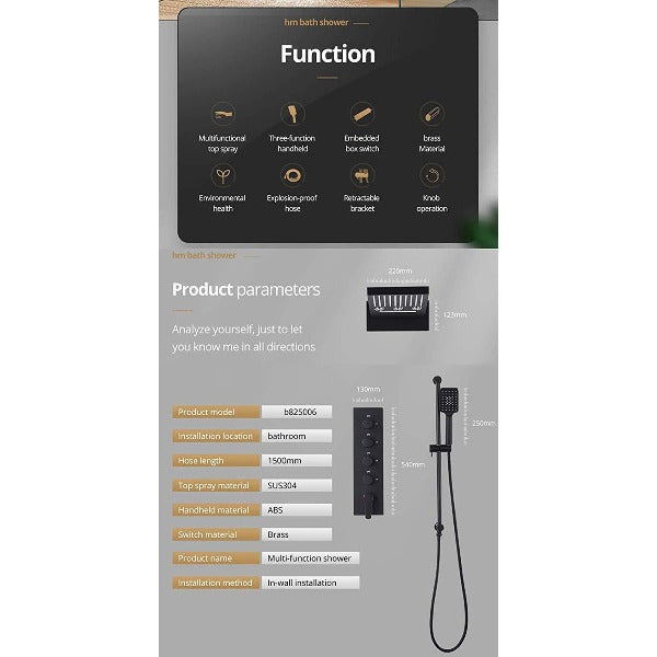 9"x22" Matt Black Wall Mounted Multi Settings Shower System - Cascada Showers