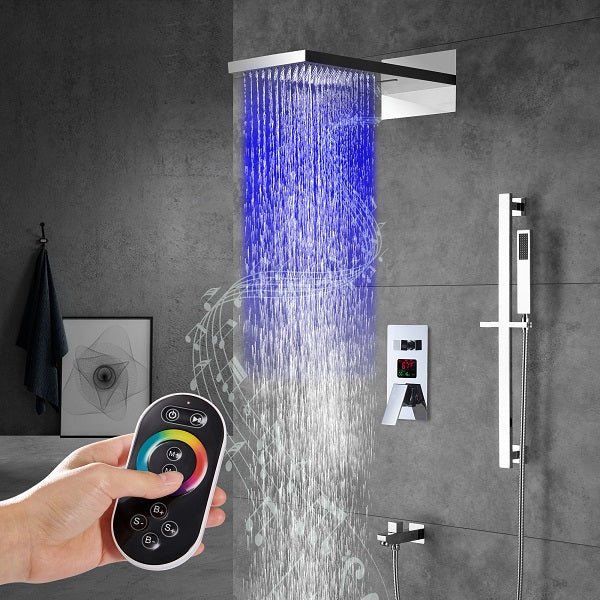 Cascada Luxury 22” Music LED shower system (Wall Mounted) with Single Valve & LCD Display, 3 function (Rain, Waterfall & Hand Shower) & Remote Control 64 Color Lights (Matt Black) cascada system LED bluetooth shower head with handheld speaker hot cold music rain rainfall musical light showerhead body spray jet waterfall lifting rod wall mounted high pressure thermostatic mixer black matte chrome oilrubbed bronze remote control