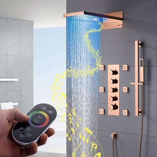 Cascada 22” Music LED shower system (Wall Mounted) with built-in Bluetooth Speakers, 4 function (Rain, Waterfall, body jets & Hand Shower) & Remote Control 64 Color Lights cascada system LED bluetooth shower head with handheld speaker hot cold music rain rainfall musical light showerhead body spray jet waterfall lifting rod wall mounted high pressure thermostatic mixer black matte chrome oilrubbed bronze remote control