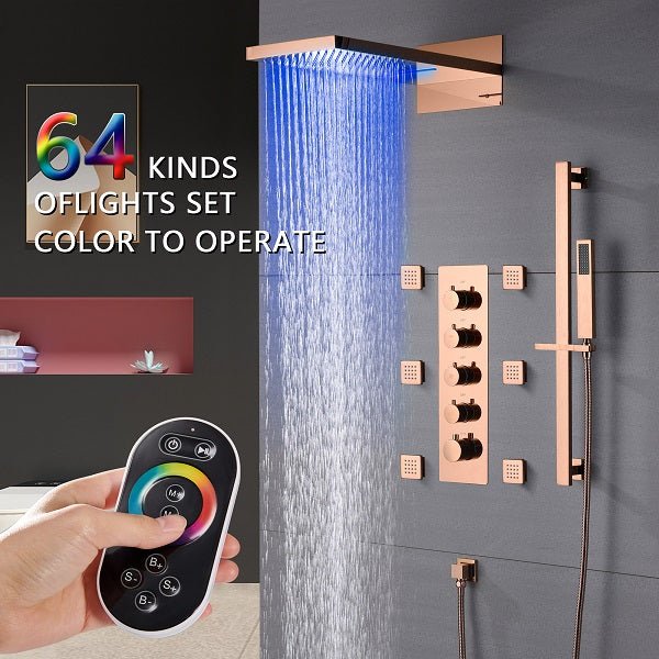 Cascada 22” Music LED shower system (Wall Mounted) with built-in Bluetooth Speakers, 4 function (Rain, Waterfall, body jets & Hand Shower) & Remote Control 64 Color Lights cascada system LED bluetooth shower head with handheld speaker hot cold music rain rainfall musical light showerhead body spray jet waterfall lifting rod wall mounted high pressure thermostatic mixer black matte chrome oilrubbed bronze remote control