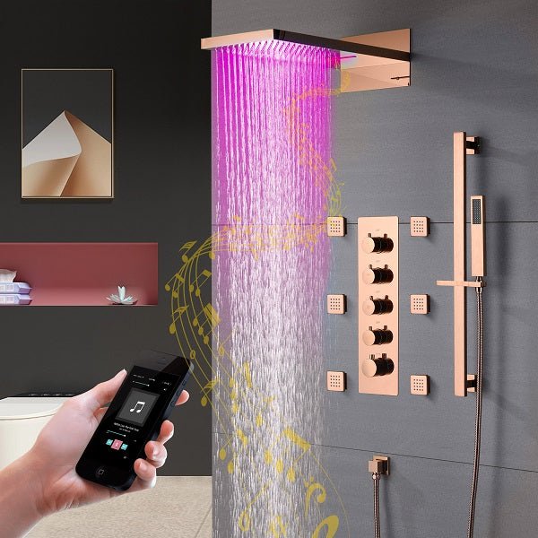 Cascada 22” Music LED shower system (Wall Mounted) with built-in Bluetooth Speakers, 4 function (Rain, Waterfall, body jets & Hand Shower) & Remote Control 64 Color Lights cascada system LED bluetooth shower head with handheld speaker hot cold music rain rainfall musical light showerhead body spray jet waterfall lifting rod wall mounted high pressure thermostatic mixer black matte chrome oilrubbed bronze remote control