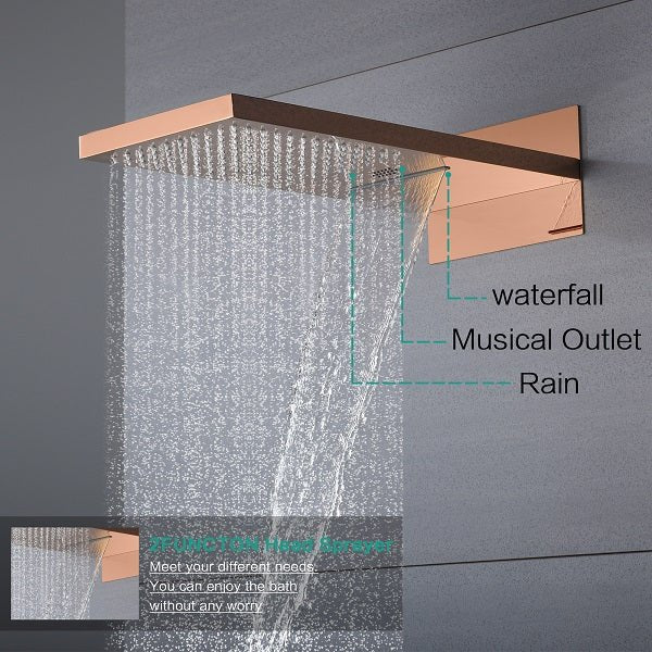 Cascada 22” Music LED shower system (Wall Mounted) with built-in Bluetooth Speakers, 4 function (Rain, Waterfall, body jets & Hand Shower) & Remote Control 64 Color Lights cascada system LED bluetooth shower head with handheld speaker hot cold music rain rainfall musical light showerhead body spray jet waterfall lifting rod wall mounted high pressure thermostatic mixer black matte chrome oilrubbed bronze remote control