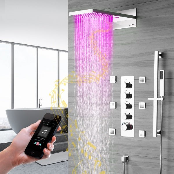 Cascada 22” Music LED shower system (Wall Mounted) with built-in Bluetooth Speakers, 4 function (Rain, Waterfall, body jets & Hand Shower) & Remote Control 64 Color Lights cascada system LED bluetooth shower head with handheld speaker hot cold music rain rainfall musical light showerhead body spray jet waterfall lifting rod wall mounted high pressure thermostatic mixer black matte chrome oilrubbed bronze remote control