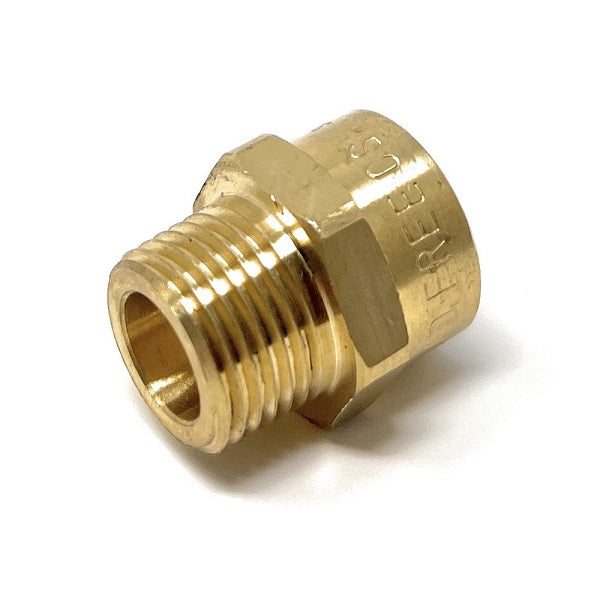 G Thread (Metric BSPP) Female to NPT Male Adapter - Lead Free (3/8" x 3/8") - Cascada Showers brass adapter fittings an fitting g thread metric bspt female to npt male pipe lead-free 3/8 inch 3/8" taper threads g1 water 1 piece brass adapter fitting water line adapter pipe fitting high quality solid structure durable G thread connector to NPT