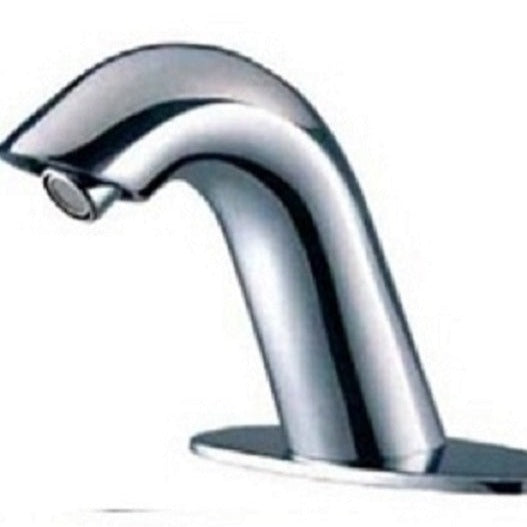 A contemporary silver sensor faucet with a chrome finish and a touch-free operation design.