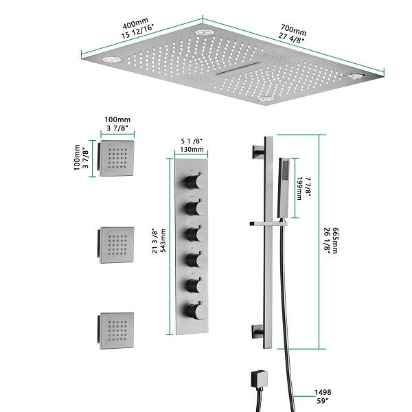 Cascada Luxury 16”x28” Music LED shower system with built-in Bluetooth Speakers, 5 functions (Rain, Waterfall, Mist Outlet, Body Jet & Hand Shower) & Remote Control 64 Color Lights cascada system LED bluetooth shower head speaker hot cold music rain rainfall musical lights showerhead body spray jet waterfall misty ceiling mounted handheld high pressure multicolor holder thermostatic chrome oil rubbed bronze mixer remote control