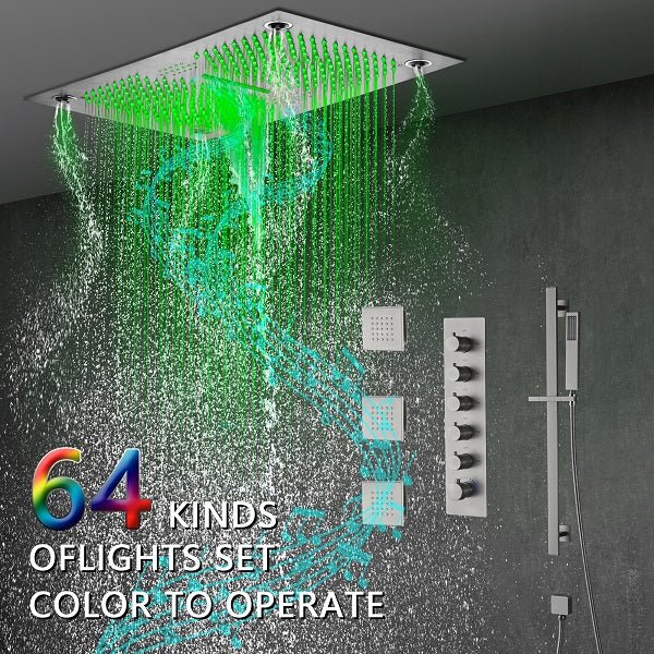 Cascada Luxury 16”x28” Music LED shower system with built-in Bluetooth Speakers, 5 functions (Rain, Waterfall, Mist Outlet, Body Jet & Hand Shower) & Remote Control 64 Color Lights cascada system LED bluetooth shower head speaker hot cold music rain rainfall musical lights showerhead body spray jet waterfall misty ceiling mounted handheld high pressure multicolor holder thermostatic chrome oil rubbed bronze mixer remote control