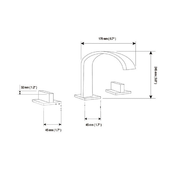 Dimension diagram of Cascada waterfall bathroom faucet showing height, spout reach, and handle spacing