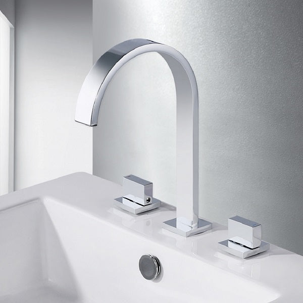 Exploded view of Cascada faucet with spout, handles, connecting pipes, and inlet pipes labeled