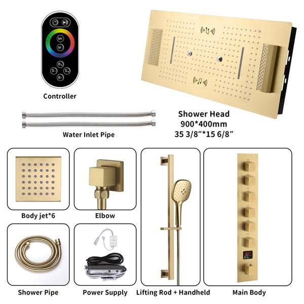Cascada Genoa 16"x36" Brushed Gold Music LED Digital Shower System - Cascada Showers