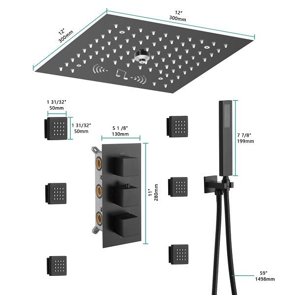Cascada Luxury 12” Music LED shower system with built-in Bluetooth Speakers, 4 function (Rainfall, Misty, body jets & Hand Shower) & Remote Control 64 Color Lights cascada system LED bluetooth shower head speaker hot cold music rain rainfall musical light showerhead body spray jet waterfall misty ceiling mounted handheld high pressure thermostatic mixer holder black matte chrome oil rubbed bronze remote control