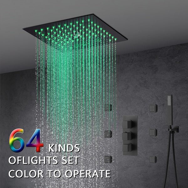 Cascada Luxury 12” Music LED shower system with built-in Bluetooth Speakers, 4 function (Rainfall, Misty, body jets & Hand Shower) & Remote Control 64 Color Lights cascada system LED bluetooth shower head speaker hot cold music rain rainfall musical light showerhead body spray jet waterfall misty ceiling mounted handheld high pressure thermostatic mixer holder black matte chrome oil rubbed bronze remote control