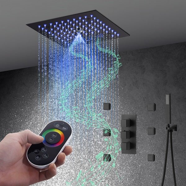 Cascada Luxury 12” Music LED shower system with built-in Bluetooth Speakers, 4 function (Rainfall, Misty, body jets & Hand Shower) & Remote Control 64 Color Lights cascada system LED bluetooth shower head speaker hot cold music rain rainfall musical light showerhead body spray jet waterfall misty ceiling mounted handheld high pressure thermostatic mixer holder black matte chrome oil rubbed bronze remote control