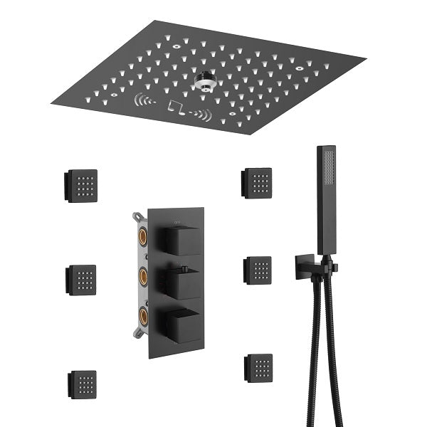 Cascada Luxury 12” Music LED shower system with built-in Bluetooth Speakers, 4 function (Rainfall, Misty, body jets & Hand Shower) & Remote Control 64 Color Lights cascada system LED bluetooth shower head speaker hot cold music rain rainfall musical light showerhead body spray jet waterfall misty ceiling mounted handheld high pressure thermostatic mixer holder black matte chrome oil rubbed bronze remote control