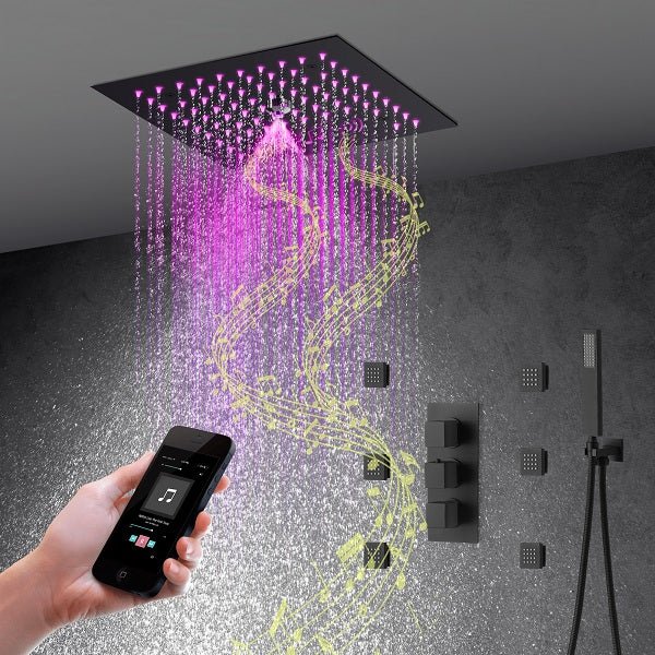 Cascada Luxury 12” Music LED shower system with built-in Bluetooth Speakers, 4 function (Rainfall, Misty, body jets & Hand Shower) & Remote Control 64 Color Lights cascada system LED bluetooth shower head speaker hot cold music rain rainfall musical light showerhead body spray jet waterfall misty ceiling mounted handheld high pressure thermostatic mixer holder black matte chrome oil rubbed bronze remote control