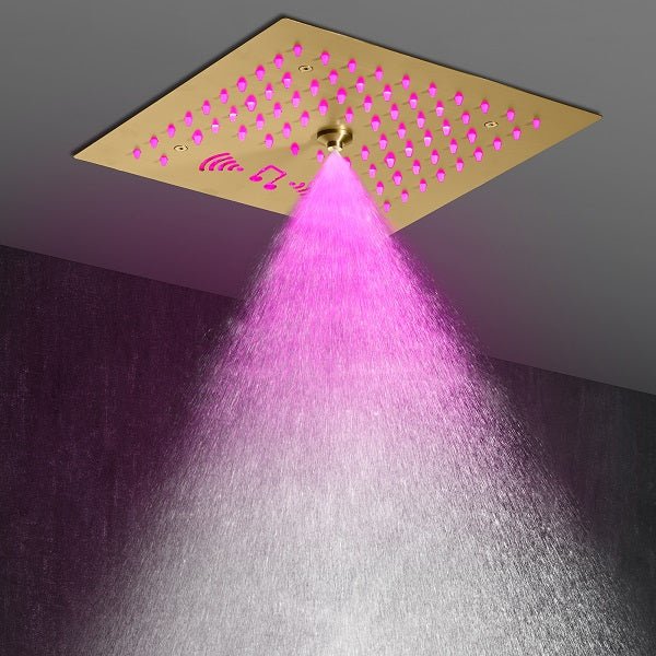 Cascada Luxury 12β Music LED shower system with built-in Bluetooth Speakers, 4 function (Rainfall, Misty, body jets & Hand Shower) & Remote Control 64 Color Lights cascada system LED bluetooth shower head speaker hot cold music rain rainfall musical light showerhead body spray jet waterfall misty ceiling mounted handheld high pressure thermostatic mixer holder black matte chrome oil rubbed bronze remote control