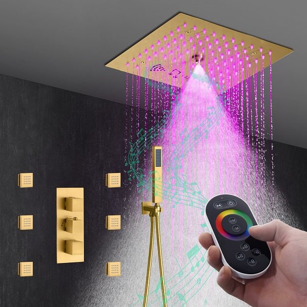 Cascada Luxury 12β Music LED shower system with built-in Bluetooth Speakers, 4 function (Rainfall, Misty, body jets & Hand Shower) & Remote Control 64 Color Lights cascada system LED bluetooth shower head speaker hot cold music rain rainfall musical light showerhead body spray jet waterfall misty ceiling mounted handheld high pressure thermostatic mixer holder black matte chrome oil rubbed bronze remote control