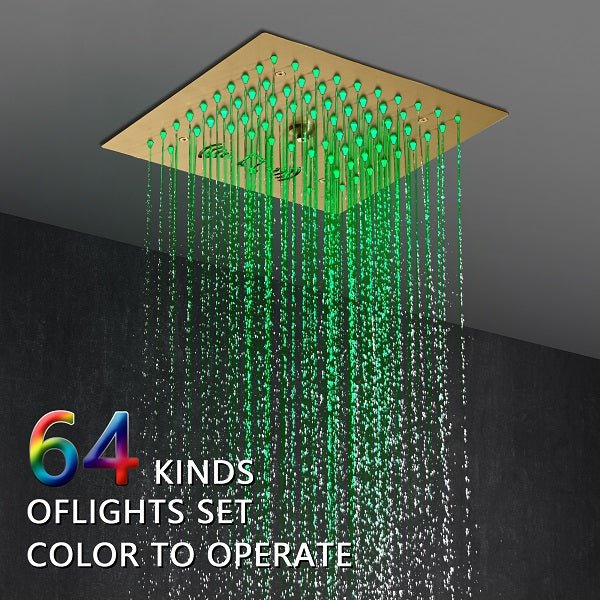 Cascada Luxury 12β Music LED shower system with built-in Bluetooth Speakers, 4 function (Rainfall, Misty, body jets & Hand Shower) & Remote Control 64 Color Lights cascada system LED bluetooth shower head speaker hot cold music rain rainfall musical light showerhead body spray jet waterfall misty ceiling mounted handheld high pressure thermostatic mixer holder black matte chrome oil rubbed bronze remote control