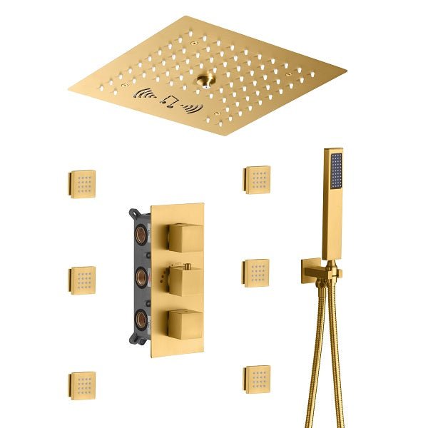 Cascada Luxury 12β Music LED shower system with built-in Bluetooth Speakers, 4 function (Rainfall, Misty, body jets & Hand Shower) & Remote Control 64 Color Lights cascada system LED bluetooth shower head speaker hot cold music rain rainfall musical light showerhead body spray jet waterfall misty ceiling mounted handheld high pressure thermostatic mixer holder black matte chrome oil rubbed bronze remote control