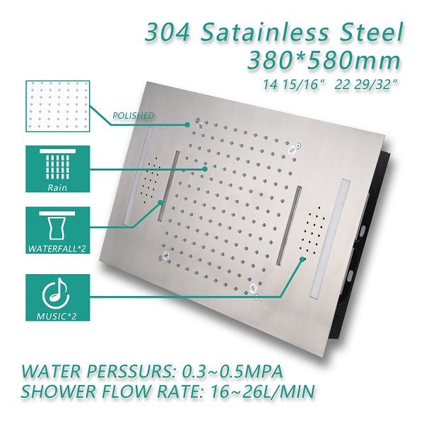 Cascada Luxury 15” x 23” LED Music shower system with built-in Bluetooth Speakers, 4 function (Rainfall, Waterfall, Body jet & Handshower) & Remote Control 64 Color Lights cascada system LED bluetooth shower head speaker hot cold music rain rainfall musical lights showerhead body spray jets waterfall misty ceiling mounted handheld high pressure multicolor holder matte black chrome oil rubbed bronze mixer remote control