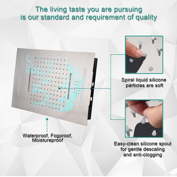 Cascada Luxury 15” x 23” LED Music shower system with built-in Bluetooth Speakers, 4 function (Rainfall, Waterfall, Body jet & Handshower) & Remote Control 64 Color Lights cascada system LED bluetooth shower head speaker hot cold music rain rainfall musical lights showerhead body spray jets waterfall misty ceiling mounted handheld high pressure multicolor holder matte black chrome oil rubbed bronze mixer remote control