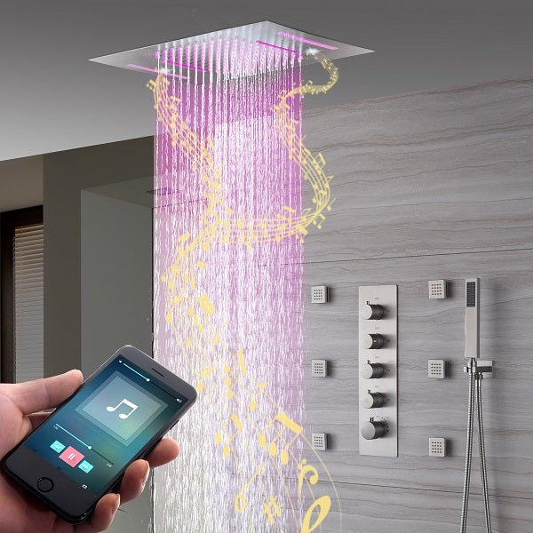 Cascada Luxury 15” x 23” LED Music shower system with built-in Bluetooth Speakers, 4 function (Rainfall, Waterfall, Body jet & Handshower) & Remote Control 64 Color Lights cascada system LED bluetooth shower head speaker hot cold music rain rainfall musical lights showerhead body spray jets waterfall misty ceiling mounted handheld high pressure multicolor holder matte black chrome oil rubbed bronze mixer remote control