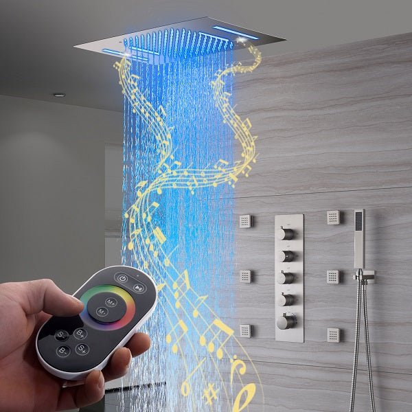 Cascada Luxury 15” x 23” LED Music shower system with built-in Bluetooth Speakers, 4 function (Rainfall, Waterfall, Body jet & Handshower) & Remote Control 64 Color Lights cascada system LED bluetooth shower head speaker hot cold music rain rainfall musical lights showerhead body spray jets waterfall misty ceiling mounted handheld high pressure multicolor holder matte black chrome oil rubbed bronze mixer remote control