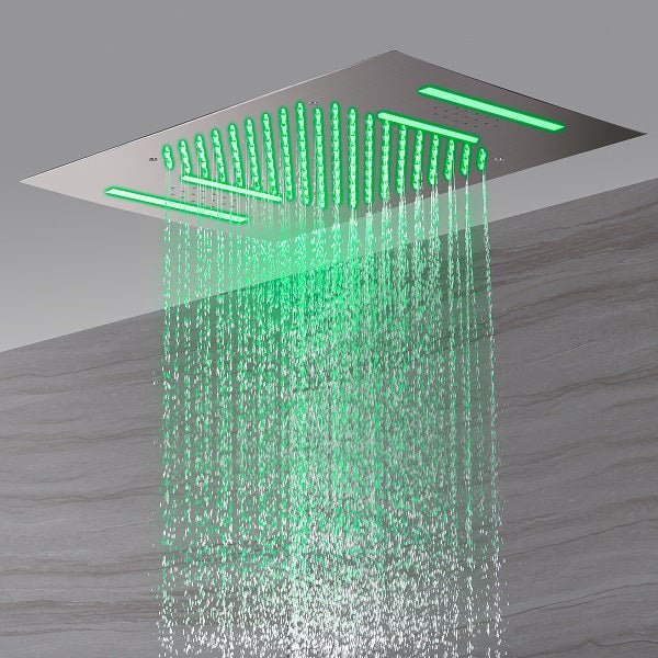 Cascada Luxury 15” x 23” LED Music shower system with built-in Bluetooth Speakers, 4 function (Rainfall, Waterfall, Body jet & Handshower) & Remote Control 64 Color Lights cascada system LED bluetooth shower head speaker hot cold music rain rainfall musical lights showerhead body spray jets waterfall misty ceiling mounted handheld high pressure multicolor holder matte black chrome oil rubbed bronze mixer remote control