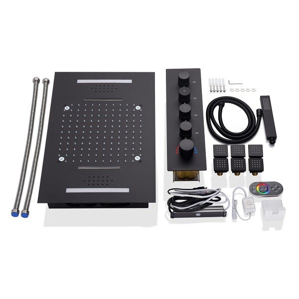 Cascada Luxury 15” x 23” LED Music shower system with built-in Bluetooth Speakers, 4 function (Rainfall, Waterfall, Body jet & Handshower) & Remote Control 64 Color Lights cascada system LED bluetooth shower head speaker hot cold music rain rainfall musical lights showerhead body spray jets waterfall misty ceiling mounted handheld high pressure multicolor holder matte black chrome oil rubbed bronze mixer remote control led black shower system