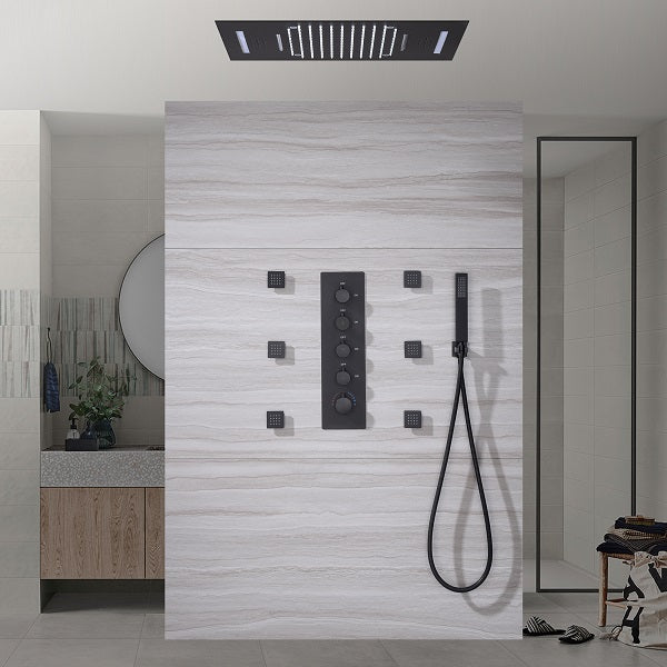 Cascada Luxury 15” x 23” LED Music shower system with built-in Bluetooth Speakers, 4 function (Rainfall, Waterfall, Body jet & Handshower) & Remote Control 64 Color Lights cascada system LED bluetooth shower head speaker hot cold music rain rainfall musical lights showerhead body spray jets waterfall misty ceiling mounted handheld high pressure multicolor holder matte black chrome oil rubbed bronze mixer remote control led black shower system