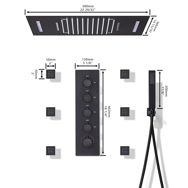 Cascada Luxury 15” x 23” LED Music shower system with built-in Bluetooth Speakers, 4 function (Rainfall, Waterfall, Body jet & Handshower) & Remote Control 64 Color Lights cascada system LED bluetooth shower head speaker hot cold music rain rainfall musical lights showerhead body spray jets waterfall misty ceiling mounted handheld high pressure multicolor holder matte black chrome oil rubbed bronze mixer remote control led black shower system
