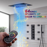 Cascada Luxury 15” x 23” LED Music shower system with built-in Bluetooth Speakers, 4 function (Rainfall, Waterfall, Body jet & Handshower) & Remote Control 64 Color Lights cascada system LED bluetooth shower head speaker hot cold music rain rainfall musical lights showerhead body spray jets waterfall misty ceiling mounted handheld high pressure multicolor holder matte black chrome oil rubbed bronze mixer remote control led black shower system