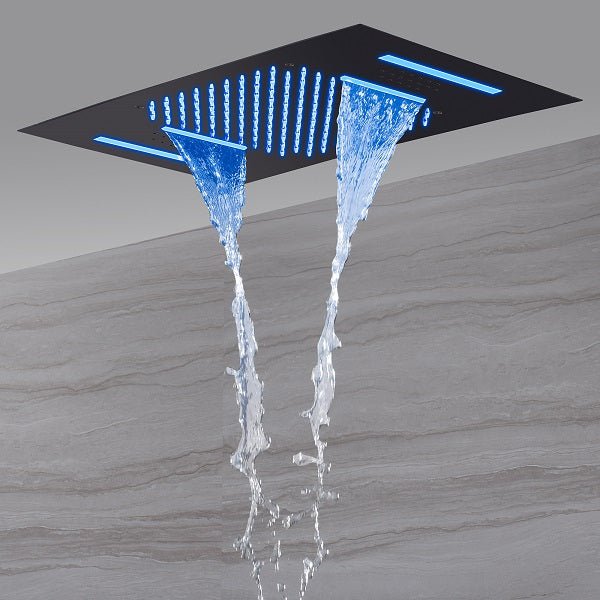 Cascada Luxury 15” x 23” LED Music shower system with built-in Bluetooth Speakers, 4 function (Rainfall, Waterfall, Body jet & Handshower) & Remote Control 64 Color Lights cascada system LED bluetooth shower head speaker hot cold music rain rainfall musical lights showerhead body spray jets waterfall misty ceiling mounted handheld high pressure multicolor holder matte black chrome oil rubbed bronze mixer remote control led black shower system