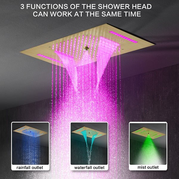 Cascada Luxury 15"x23” Music LED shower system with built-in Bluetooth Speakers,5 function (Rainfall,Waterfall,Misty,body jets & HandShower) & Remote Control 64 Color Lights cascada system LED bluetooth shower head speaker hot cold music rain rainfall musical light showerhead body spray jet waterfall misty ceiling mounted handheld high pressure thermostatic mixer holder black matte chrome oil rubbed bronze remote control