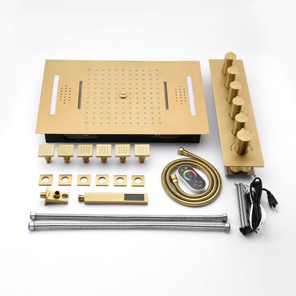 Cascada Luxury 15"x23” Music LED shower system with built-in Bluetooth Speakers,5 function (Rainfall,Waterfall,Misty,body jets & HandShower) & Remote Control 64 Color Lights cascada system LED bluetooth shower head speaker hot cold music rain rainfall musical light showerhead body spray jet waterfall misty ceiling mounted handheld high pressure thermostatic mixer holder black matte chrome oil rubbed bronze remote control