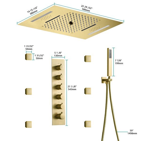 Cascada Luxury 15"x23” Music LED shower system with built-in Bluetooth Speakers,5 function (Rainfall,Waterfall,Misty,body jets & HandShower) & Remote Control 64 Color Lights cascada system LED bluetooth shower head speaker hot cold music rain rainfall musical light showerhead body spray jet waterfall misty ceiling mounted handheld high pressure thermostatic mixer holder black matte chrome oil rubbed bronze remote control