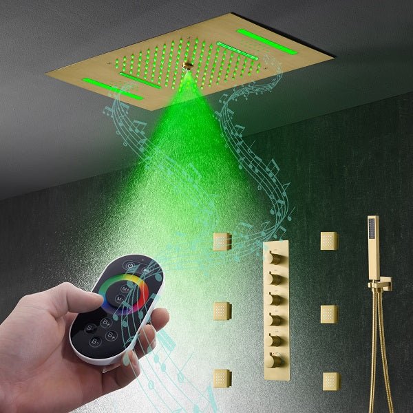 Cascada Luxury 15"x23” Music LED shower system with built-in Bluetooth Speakers,5 function (Rainfall,Waterfall,Misty,body jets & HandShower) & Remote Control 64 Color Lights cascada system LED bluetooth shower head speaker hot cold music rain rainfall musical light showerhead body spray jet waterfall misty ceiling mounted handheld high pressure thermostatic mixer holder black matte chrome oil rubbed bronze remote control