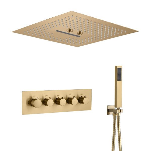 Cascada Luxury 16β Square Music LED shower system with built-in Bluetooth Speakers, 4 function (Rainfall, Waterfall, Misty, & Handshower) & Remote Control 64 Color Lights cascada system LED bluetooth shower head speaker hot cold music rain rainfall musical lights showerhead body spray jets waterfall misty ceiling mounted handheld high pressure multicolor holder matte black chrome oil rubbed bronze mixer remote control