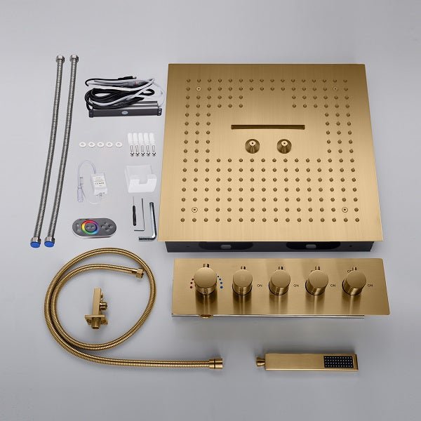 shower music player. shower with lights and music. shower music system. speaker for shower. bluetooth music led shower system. bluetooth speaker for shower. bluetooth speakers shower shower entertainment system. built-in shower speaker. shower light with bluetooth speaker. Cascada Luxury 16β Square Music LED shower system with built-in Bluetooth Speakers, 4 function (Rainfall, Waterfall, Misty, & Hand shower)