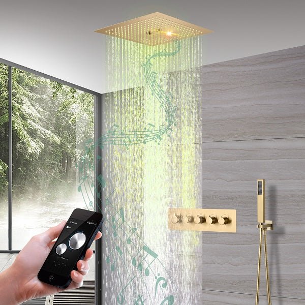 shower music player. shower with lights and music. shower music system. speaker for shower. bluetooth music led shower system. bluetooth speaker for shower. bluetooth speakers shower shower entertainment system. built-in shower speaker. shower light with bluetooth speaker. Cascada Luxury 16β Square Music LED shower system with built-in Bluetooth Speakers, 4 function (Rainfall, Waterfall, Misty, & Hand shower)