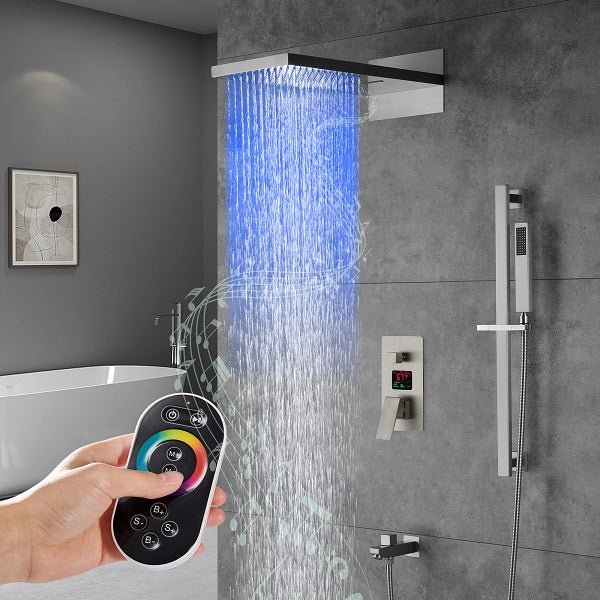 Cascada Luxury 22” Music LED shower system (Wall Mounted) with Single Valve & LCD Display, 3 function (Rain, Waterfall & Hand Shower) & Remote Control 64 Color Lights (Matt Black) cascada system LED bluetooth shower head with handheld speaker hot cold music rain rainfall musical light showerhead body spray jet waterfall lifting rod wall mounted high pressure thermostatic mixer black matte chrome oilrubbed bronze remote control