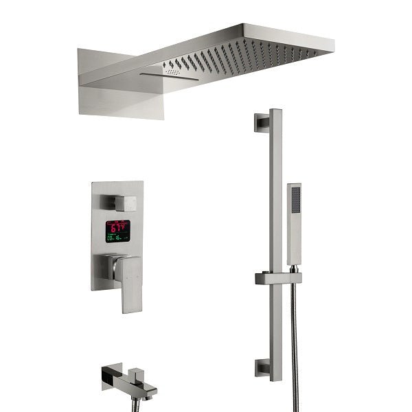 Cascada Luxury 22” Music LED shower system (Wall Mounted) with Single Valve & LCD Display, 3 function (Rain, Waterfall & Hand Shower) & Remote Control 64 Color Lights (Matt Black) cascada system LED bluetooth shower head with handheld speaker hot cold music rain rainfall musical light showerhead body spray jet waterfall lifting rod wall mounted high pressure thermostatic mixer black matte chrome oilrubbed bronze remote control