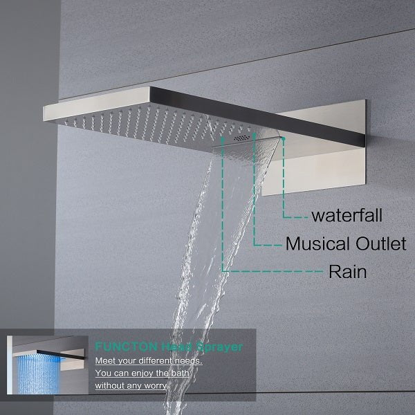 Cascada Luxury 22” Music LED shower system (Wall Mounted) with Single Valve & LCD Display, 3 function (Rain, Waterfall & Hand Shower) & Remote Control 64 Color Lights (Matt Black) cascada system LED bluetooth shower head with handheld speaker hot cold music rain rainfall musical light showerhead body spray jet waterfall lifting rod wall mounted high pressure thermostatic mixer black matte chrome oilrubbed bronze remote control