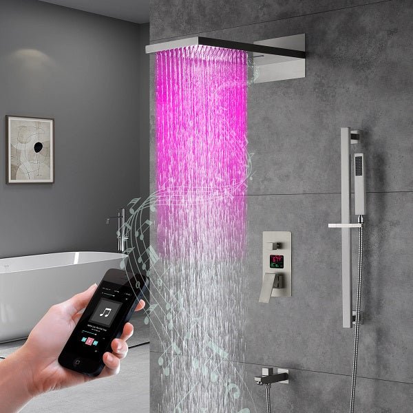 Cascada Luxury 22” Music LED shower system (Wall Mounted) with Single Valve & LCD Display, 3 function (Rain, Waterfall & Hand Shower) & Remote Control 64 Color Lights (Matt Black) cascada system LED bluetooth shower head with handheld speaker hot cold music rain rainfall musical light showerhead body spray jet waterfall lifting rod wall mounted high pressure thermostatic mixer black matte chrome oilrubbed bronze remote control