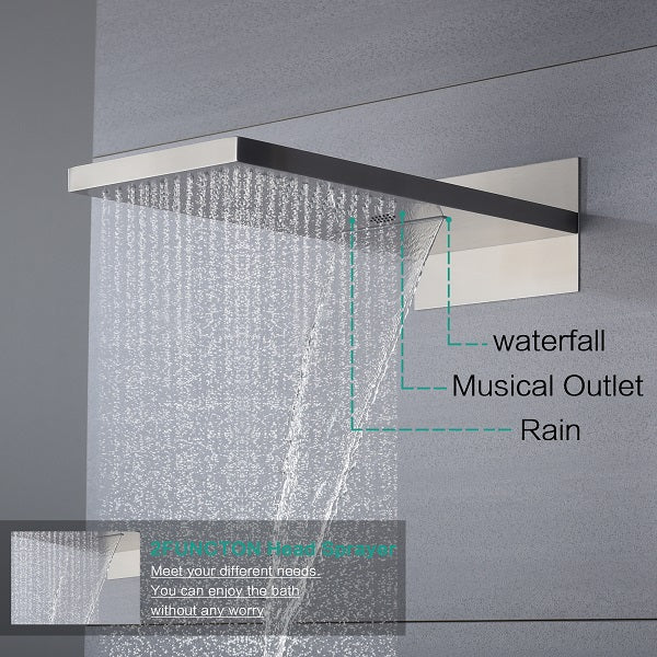 Cascada Luxury 22” Music LED shower system (Wall Mounted) with Single Valve & LCD Display, 3 function (Rain, Waterfall & Hand Shower) & Remote Control 64 Color Lights (Matt Black) cascada system LED bluetooth shower head with handheld speaker hot cold music rain rainfall musical light showerhead body spray jet waterfall lifting rod wall mounted high pressure thermostatic mixer black matte chrome oilrubbed bronze remote control